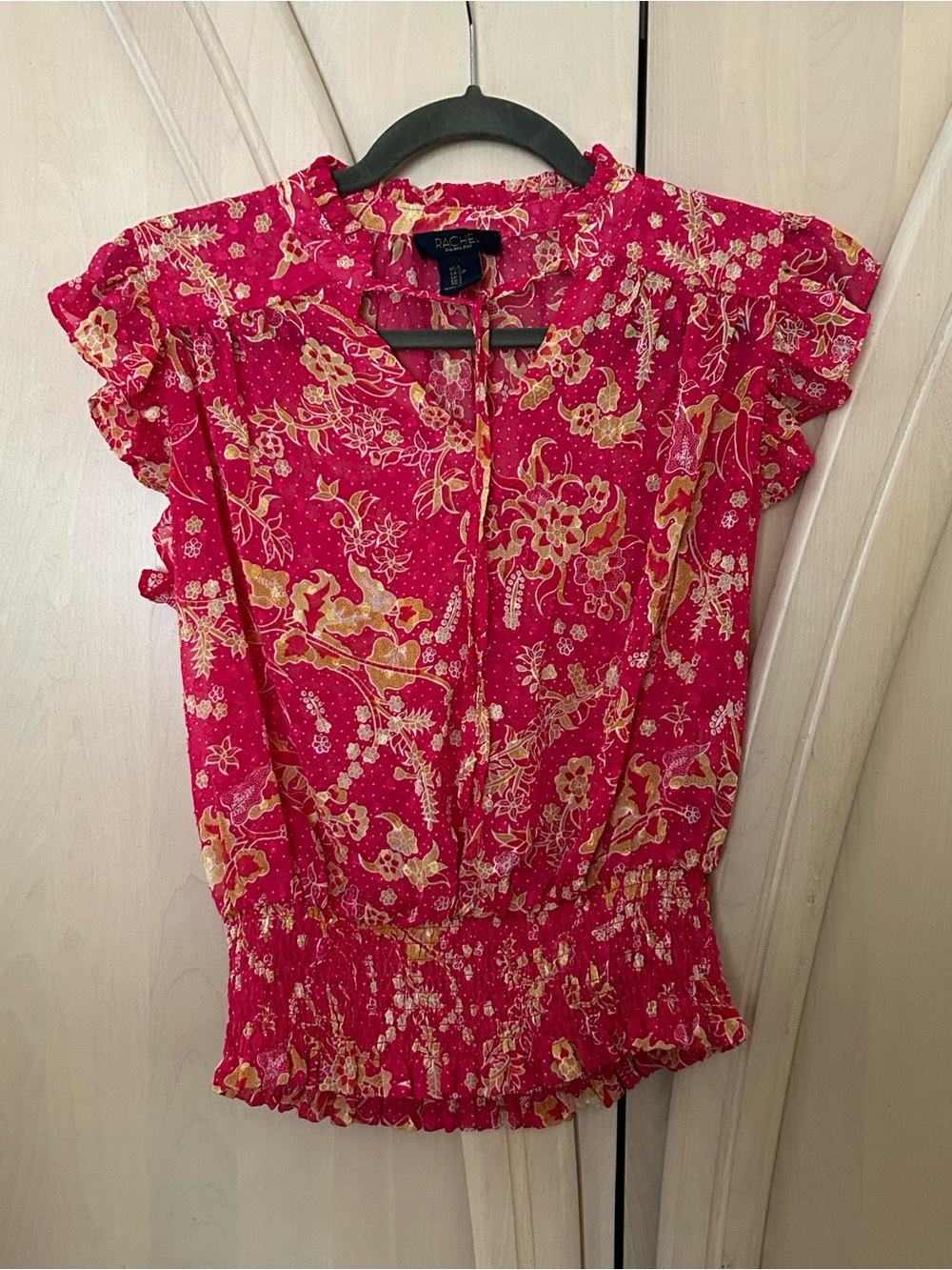 RACHEL Rachel Roy Pink Floral Ruffle-Smocked Waist Blouse